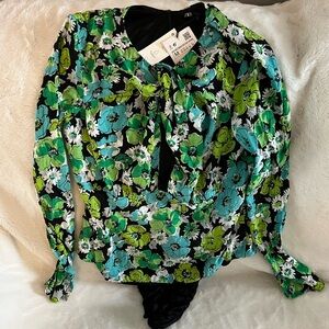 Zara Women Floral Bodysuit - Black, Green, Blue Size M Back Zipper Long Sleeve